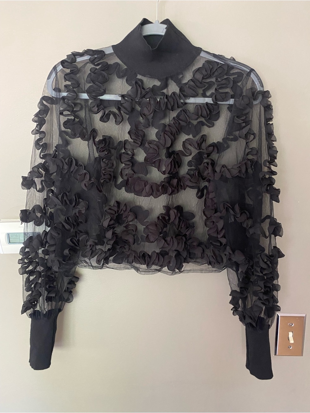 ZARA • Blogger Fav• Black Sheer Ruffle Appliqués Mesh Turtleneck Top Size Medium - Picture 4 of 8